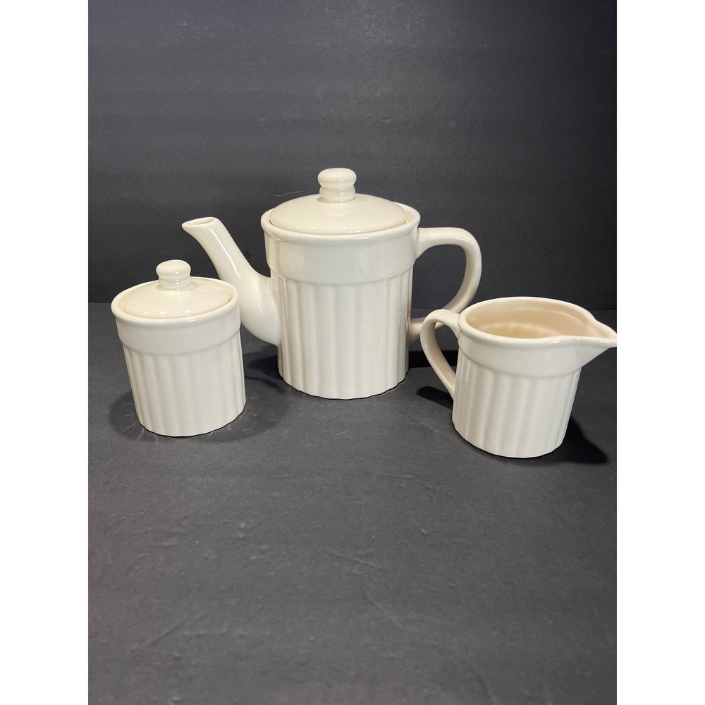 Cream Ribbed Ceramic Teapot Sugar Bowl and Creamer Set 3 Piece Ivory Fluted